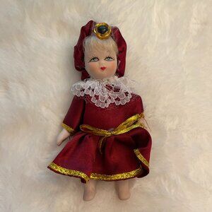Sabre Porcelain Doll Vintage Feather Lace 6 in Burgundy Gold Dress (SKU: 101TO)